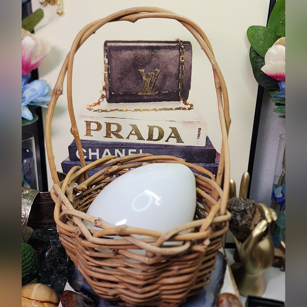 Vintage Wicker Basket w White Glass Egg
